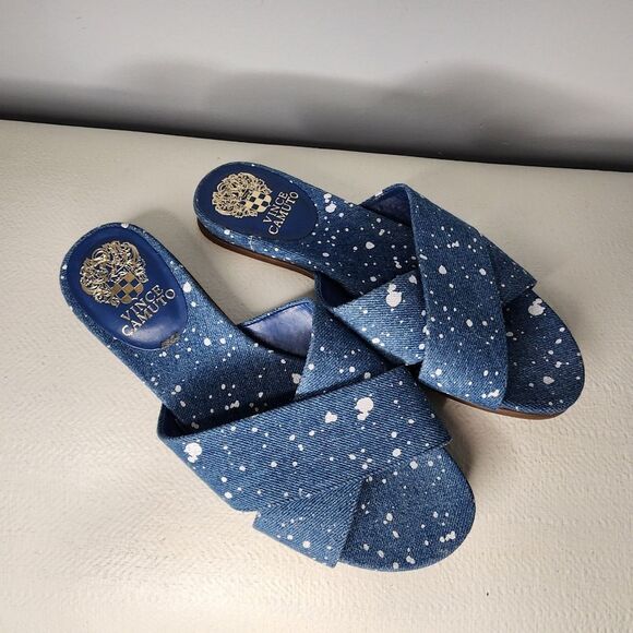 Vince Camuto Esulla Cross Band Slides Splatter Denim Blue NWT Size 7.5 White - Picture 2 of 4